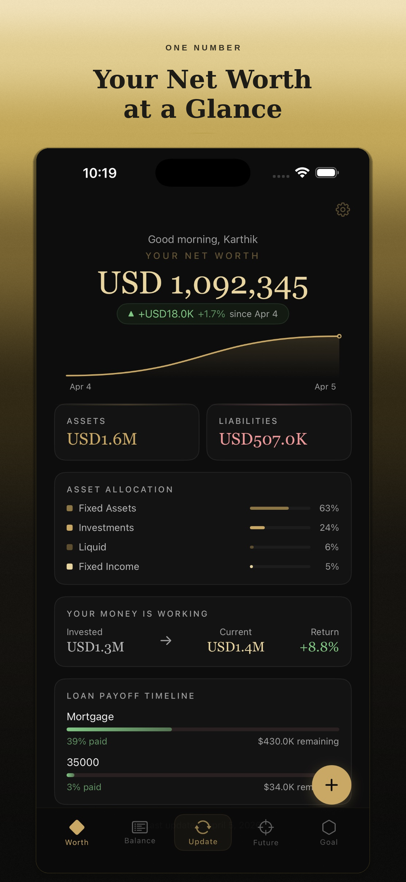 One Number home screen showing net worth and asset allocation
